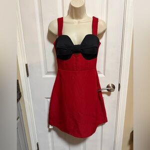 Red and Black Mini Dress with Bow Bust